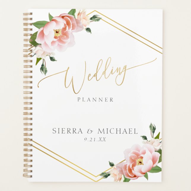 Elegante Blush Pink Bläserpeony Gold Wedding Planer (Vorderseite)