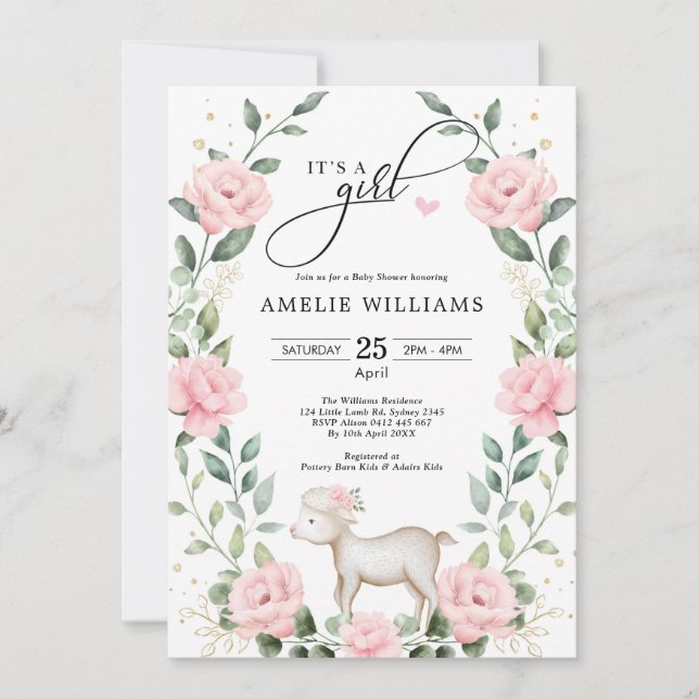 Elegante Blush Pink Blume Lamb Girl Babydusche Einladung (Vorderseite)