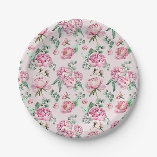 Elegante Blush Pink Blumen und Grünpflanzen Babydu Pappteller (Vorderseite)