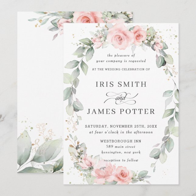 Elegante Blush Pink Blumenstrauß Leafy Wedding Einladung (Vorne/Hinten)