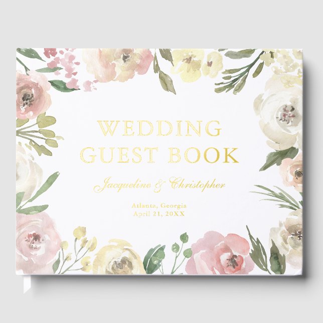Elegante Blush Pink Blütencreme Custom Gold Foil H Gästebuch (Vorderseite)