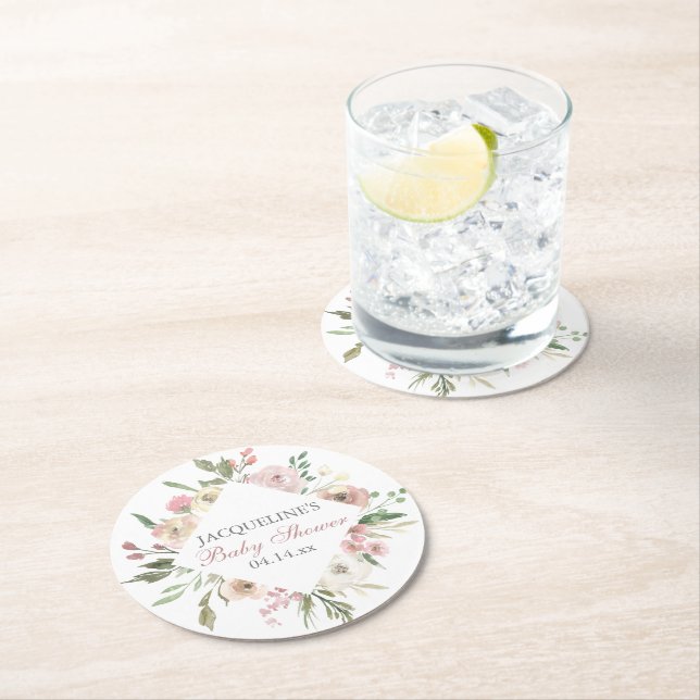 Elegante Blush Pink Blütendusche Runder Pappuntersetzer (Vor Ort)
