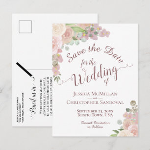Elegante Blush Pink Blütenhochzeit Sichern Sie das Ankündigungspostkarte