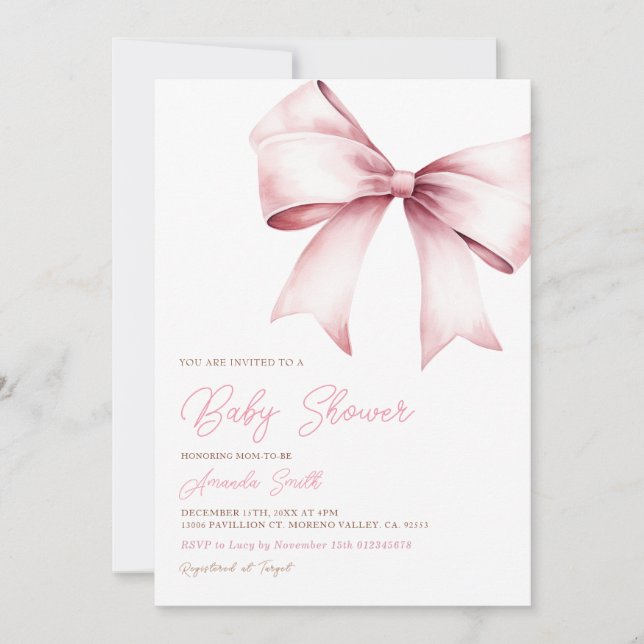 Elegante Blush Pink Bow Coquette Girl Baby Dusche Einladung (Vorderseite)