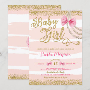 Elegante Blush Pink Bow Pearl Girly Baby Dusche Einladung