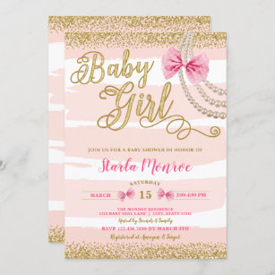 Elegante Blush Pink Bow Pearl Girly Baby Dusche Einladung