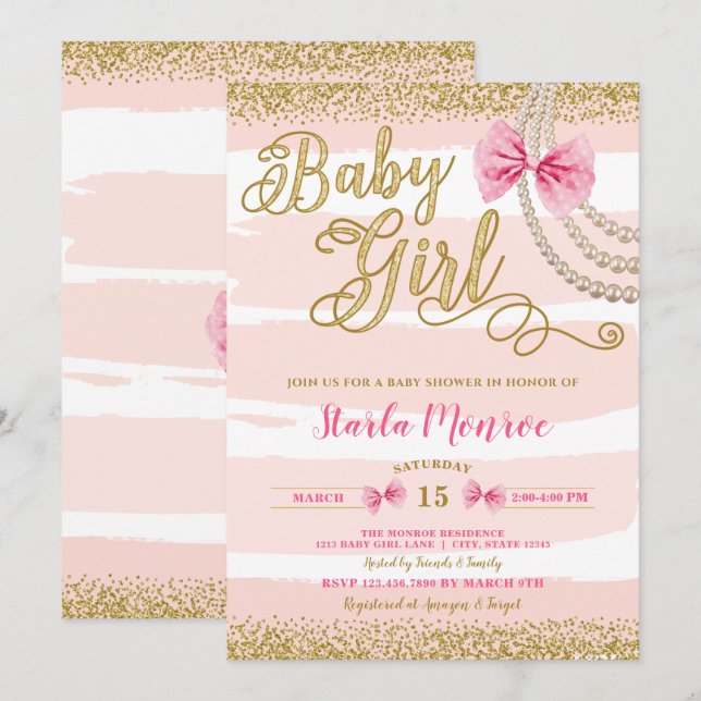 Elegante Blush Pink Bow Pearl Girly Baby Shower Einladung (Vorne/Hinten)