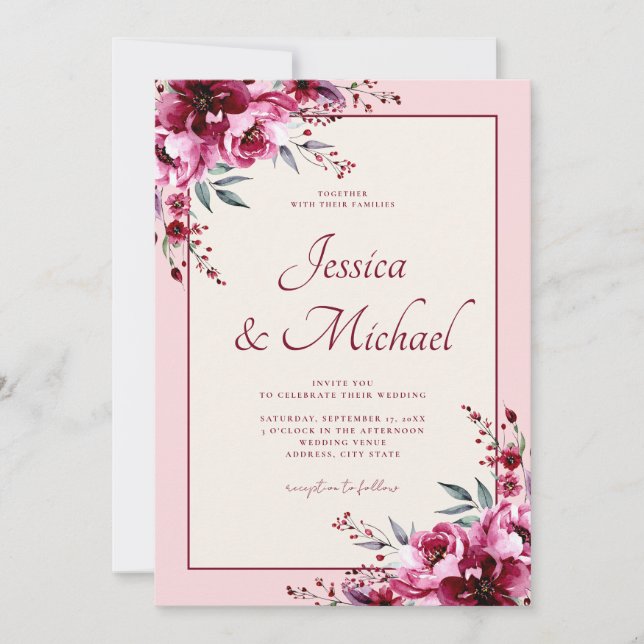Elegante Blush Pink Burgundy Bloral Wedding Einladung (Vorderseite)