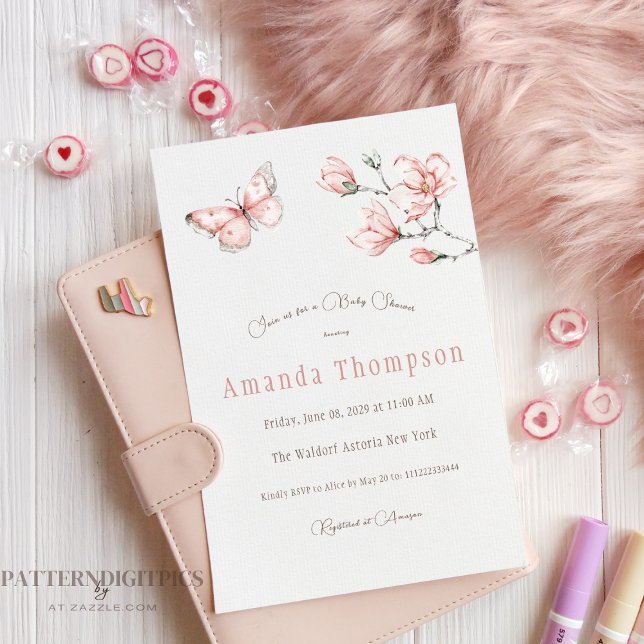 Elegante Blush Pink Butterfly Floral Baby Dusche Einladung (Von Creator hochgeladen)