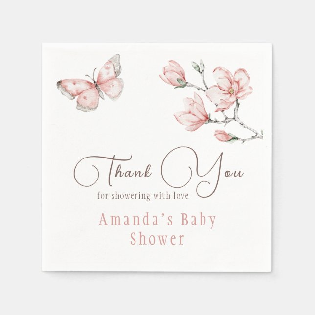 Elegante Blush Pink Butterfly Floral Baby Dusche Serviette (Vorderseite)