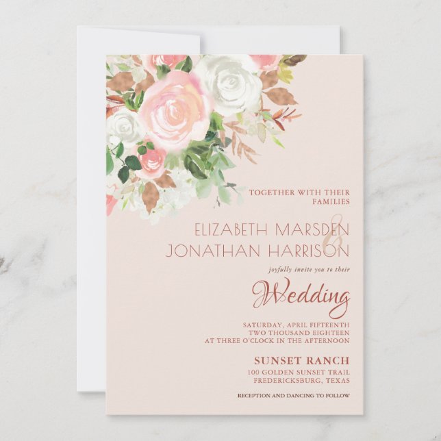Elegante Blush Pink Champagne Weiße Blütenhochzeit Einladung (Vorderseite)