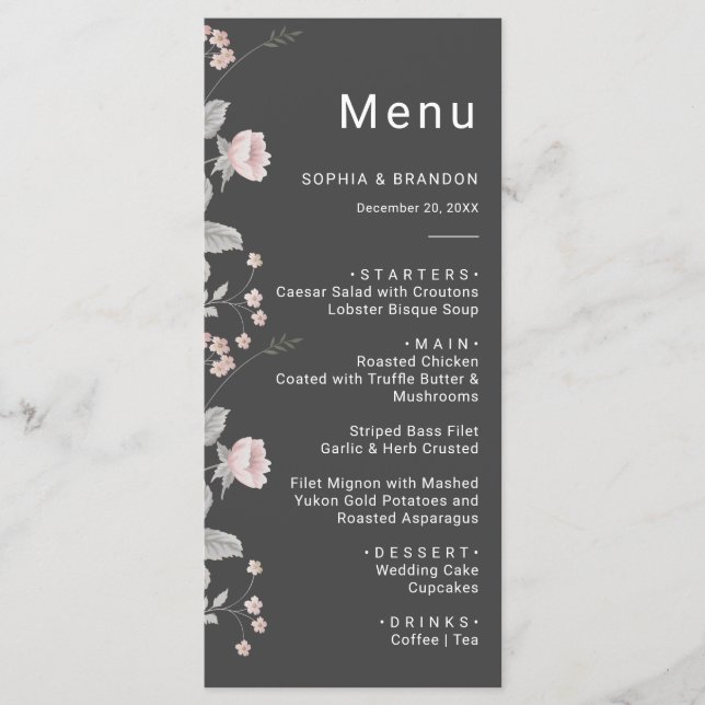 Elegante Blush Pink & Dark Gray Blues Hochzeit Menükarte (Vorderseite)