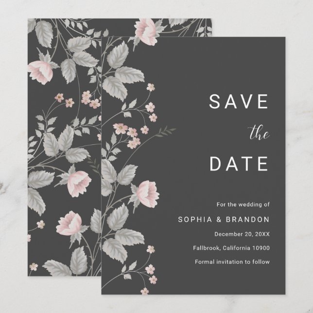 Elegante Blush Pink & Dark Gray Blues Hochzeit Save The Date (Vorne/Hinten)