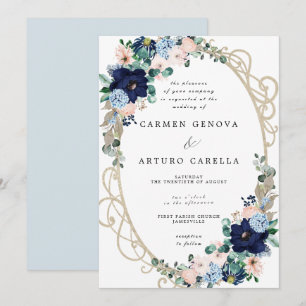 Elegante Blush Pink Dusty Blue Floral Wedding Einladung