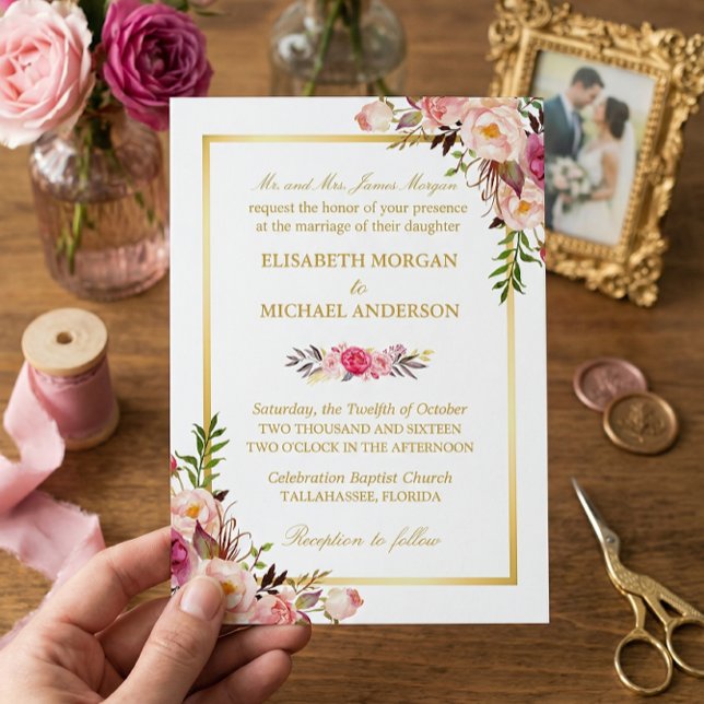 Elegante Blush Pink Floral Chic Goldene Hochzeit Einladung (Von Creator hochgeladen)