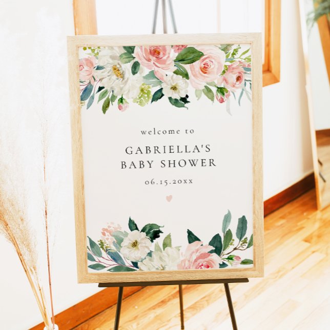 Elegante Blush Pink Floral Girl Babydusche Willkom Poster (Von Creator hochgeladen)