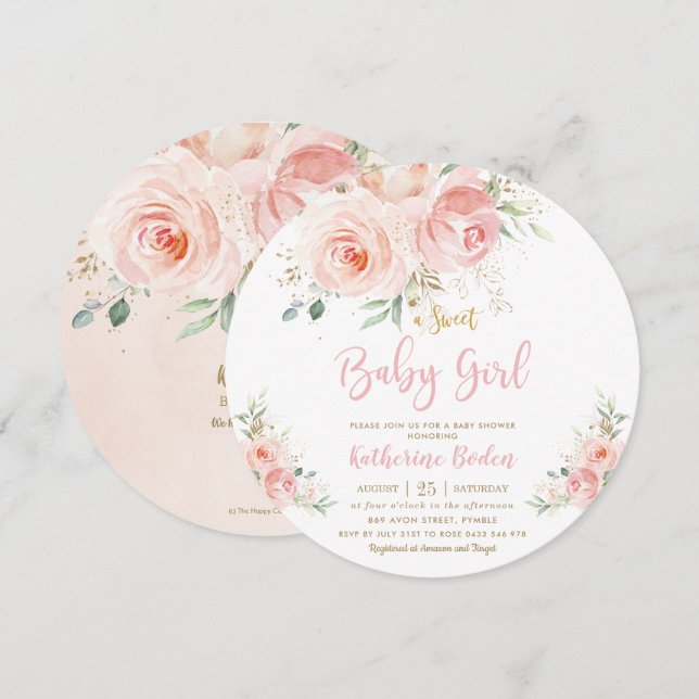 Elegante Blush Pink Floral Gold Girl Babydusche Einladung (Vorne/Hinten)
