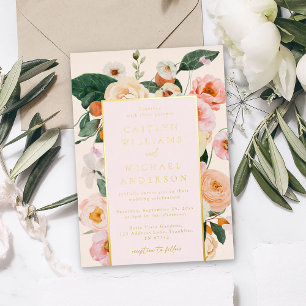 Elegante Blush Pink Floral Gold Hochzeit Folieneinladung