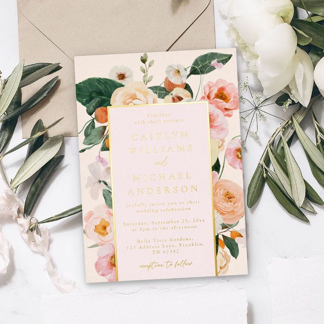 Elegante Blush Pink Floral Gold Hochzeit Folieneinladung (Von Creator hochgeladen)