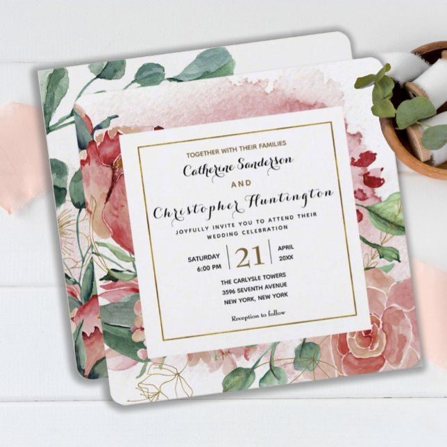 Elegante Blush Pink Floral Gold Rahmen Hochzeit Einladung (ELEGANT BLUSH PINK FLORAL SQUARE WEDDING INVITATION
)