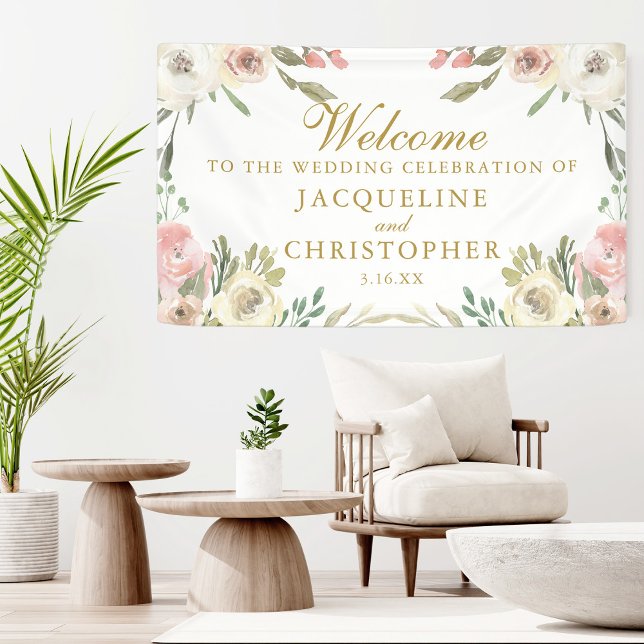 Elegante Blush Pink Floral Gold Script Hochzeit Banner (Von Creator hochgeladen)