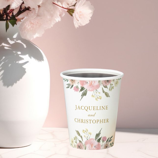 Elegante Blush Pink Floral Gold Script Hochzeit Pappbecher (Von Creator hochgeladen)