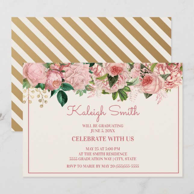 Elegante Blush Pink Floral Graduation Party Einladung (Vorne/Hinten)