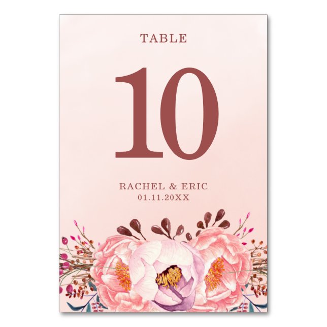 Elegante Blush Pink Floral Wedding Party Tischnummer (Vorderseite)