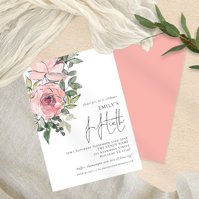 Elegante Blush Pink Florals Fiftieth Birthday Part Einladung (Von Creator hochgeladen)