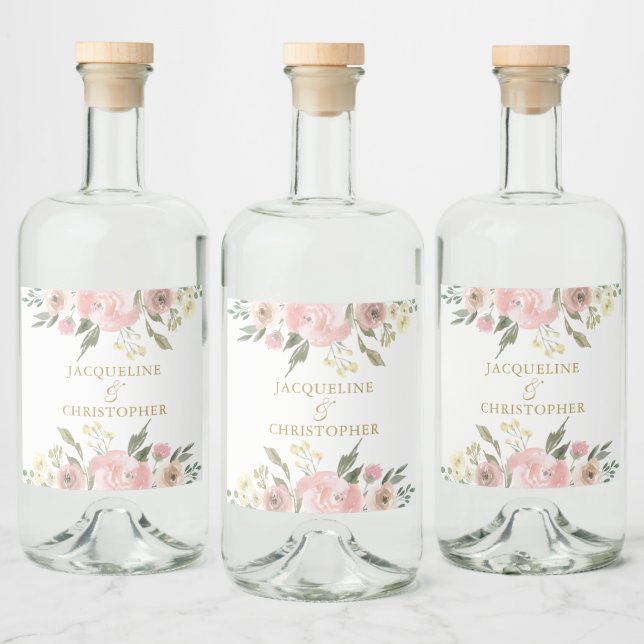 Elegante Blush Pink Gold Floral Custom Wedding Alkoholflaschenetikett (Flaschen)