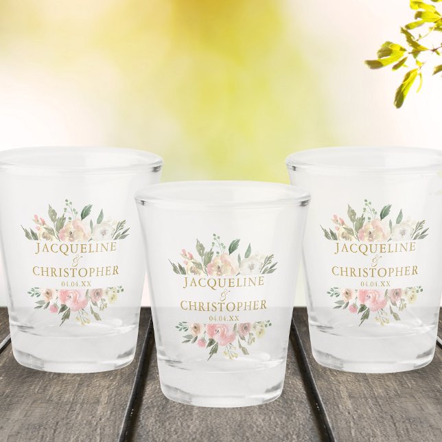 Elegante Blush Pink Gold Floral Custom Wedding Schnapsglas (Von Creator hochgeladen)