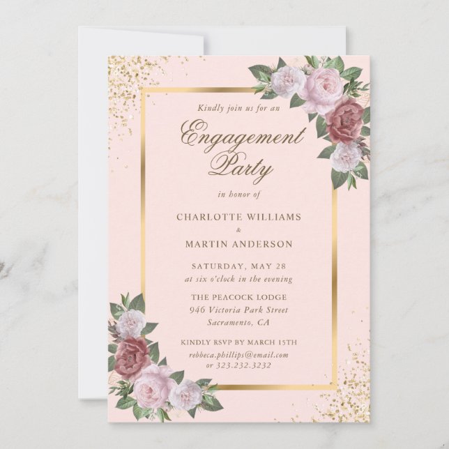 Elegante Blush Pink Gold Floral Engagement Party Einladung (Vorderseite)