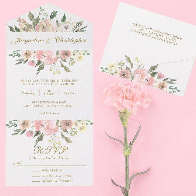 Elegante Blush Pink Gold Floral Summer Wedding All In One Einladung (Von Creator hochgeladen)