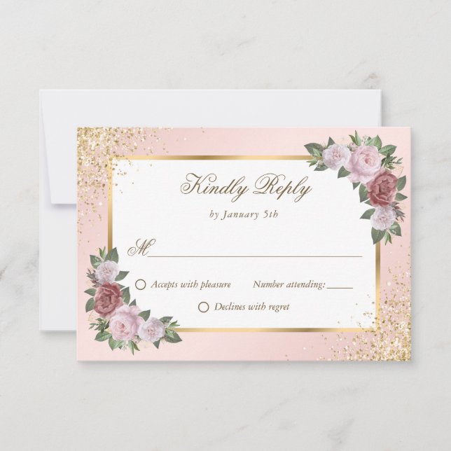 Elegante Blush Pink Gold Floral Wedding RSVP Karte (Vorderseite)