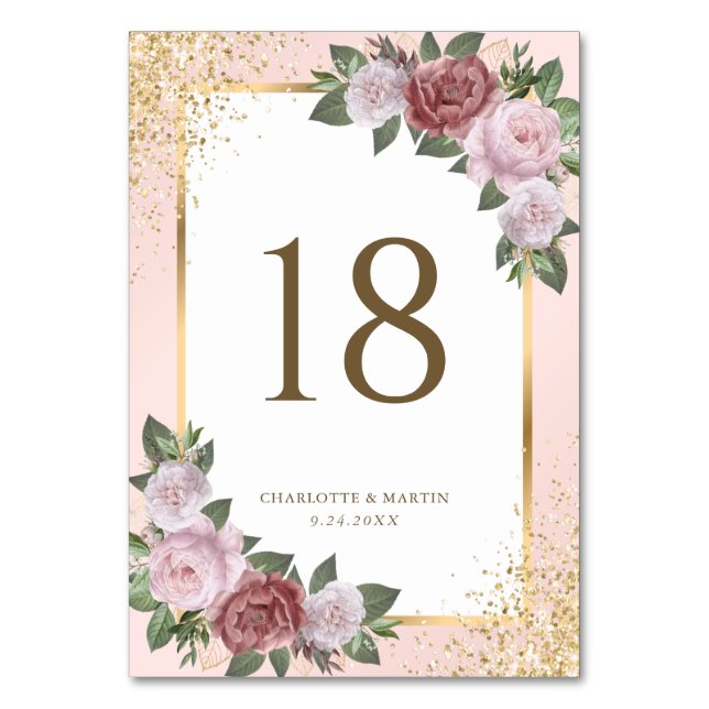 Elegante Blush Pink Gold Floral Wedding Tischnummer (Vorderseite)