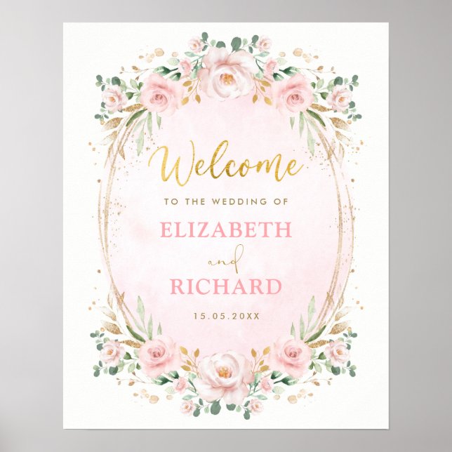 Elegante Blush Pink Gold Floral Wedding Willkommen Poster (Vorne)