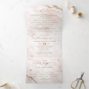 Elegante Blush Pink & Gold Foil Marmorhochzeit Dreifach Gefaltete Einladung