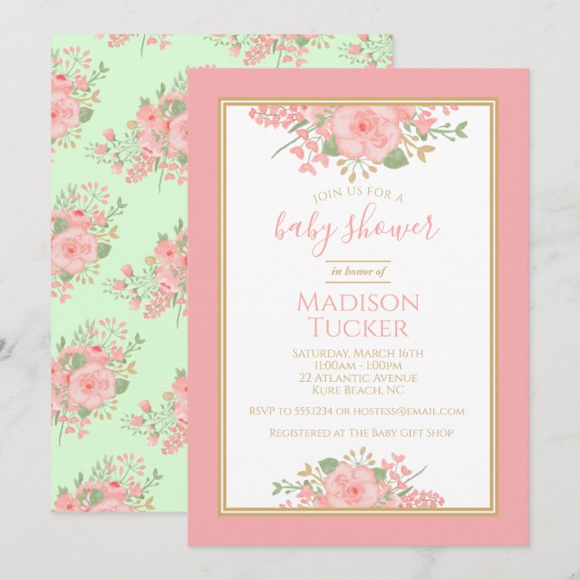 Elegante Blush Pink Gold Mint Floral Baby Dusche Einladung (Vorne/Hinten)