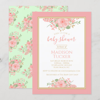 Elegante Blush Pink Gold Mint Floral Baby Dusche Einladung