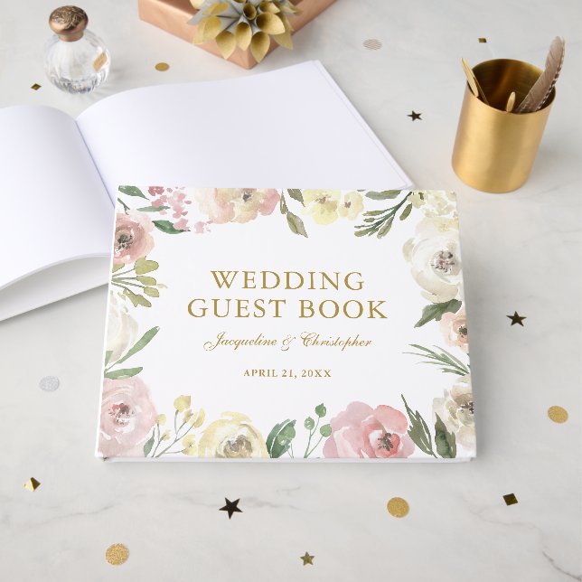 Elegante Blush Pink Gold Peony Floral Wedding Gästebuch (Vorderseite Offen)