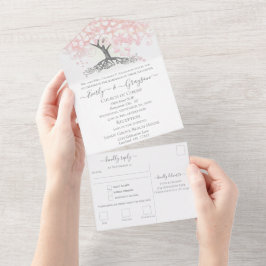 Elegante Blush Pink Heart Leaf Tree Wedding All In One Einladung
