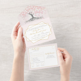 Elegante Blush Pink Heart Leaf Tree Wedding All In One Einladung