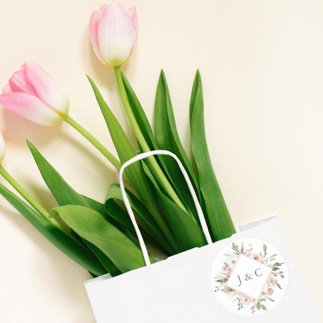 Elegante Blush Pink Ivory Floral Monogram Wedding Runder Aufkleber (Von Creator hochgeladen)