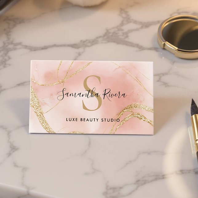 Elegante Blush Pink-Marmor-Monogramm-Vorlage Visitenkarte (Pink Marble Business Card - Front)