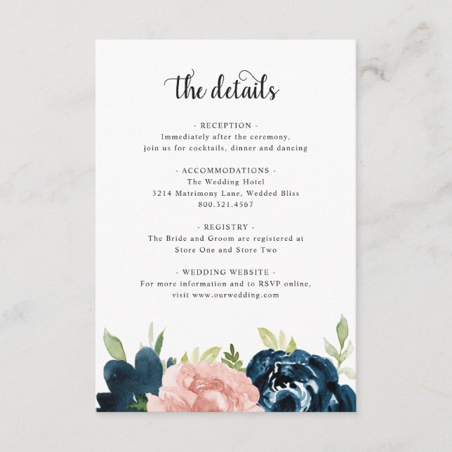 Elegante Blush Pink Navy Blues Hochzeit Begleitkarte (Vorderseite)