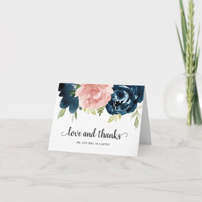 Elegante Blush Pink Navy Blues Hochzeit Dankeskarte (Vorderseite)