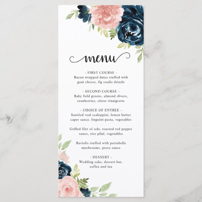 Elegante Blush Pink Navy Blues Hochzeit Menükarte (Vorderseite)