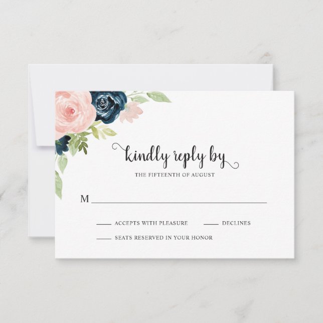 Elegante Blush Pink Navy Blues Hochzeit RSVP Karte (Vorderseite)