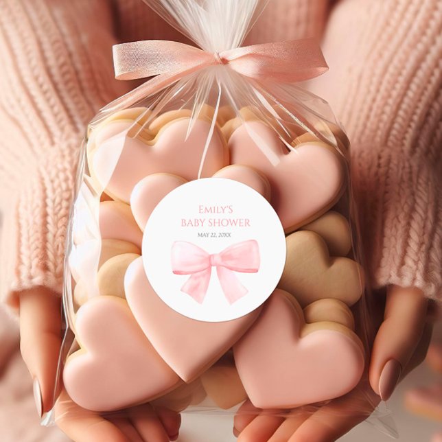 Elegante Blush Pink Pastel Bow Girl Babydusche Runder Aufkleber (Von Creator hochgeladen)