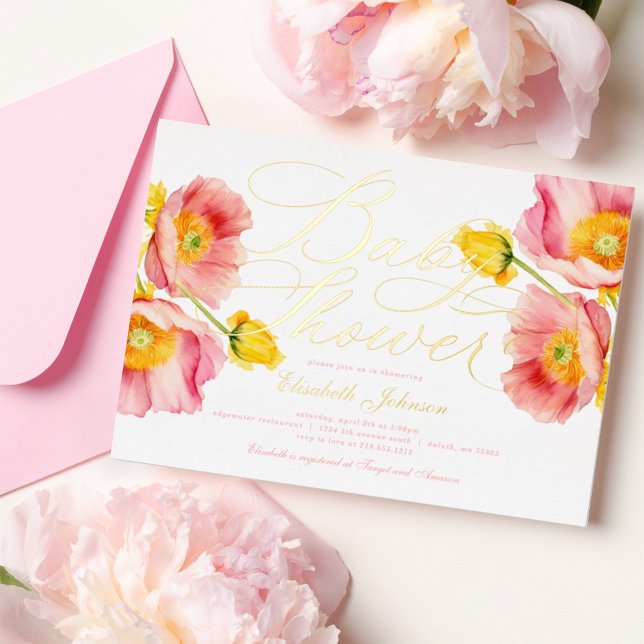 Elegante Blush Pink Peach Floral Baby Dusche Folieneinladung (Von Creator hochgeladen)